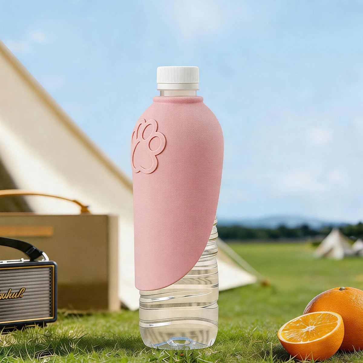 Silicone drinking cap turning a bottle into a portable dog water bowl