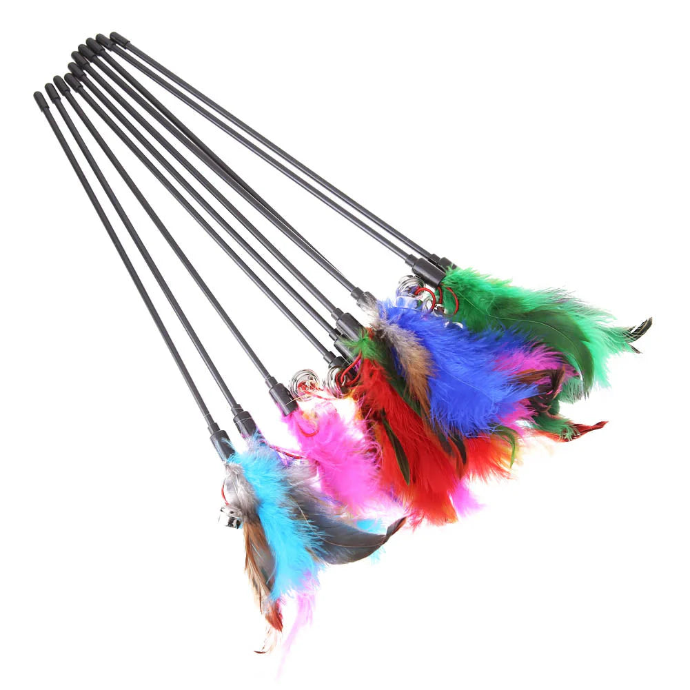Feather wand toys with bells in bright colours