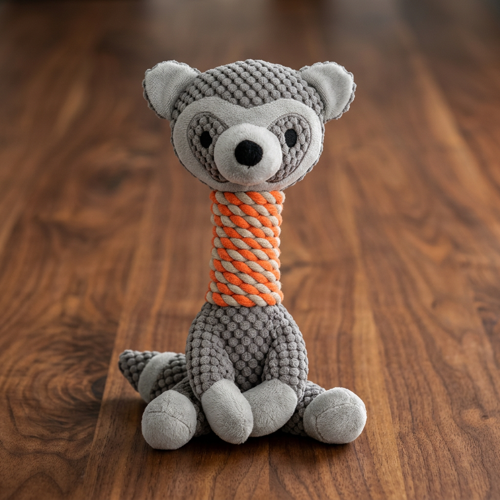 Close-up of the animal plush dog toy rope for dental care