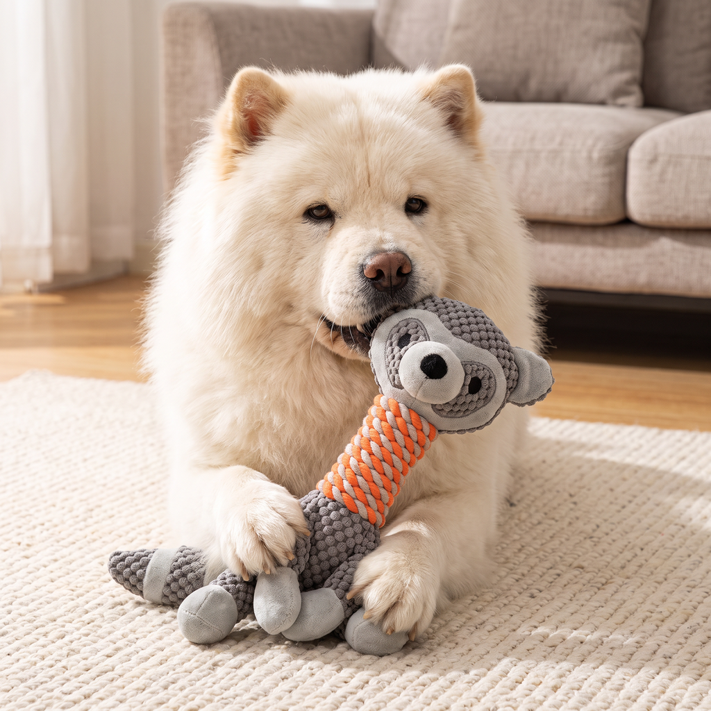 Tough animal plush dog toy with rope in Raccoon design