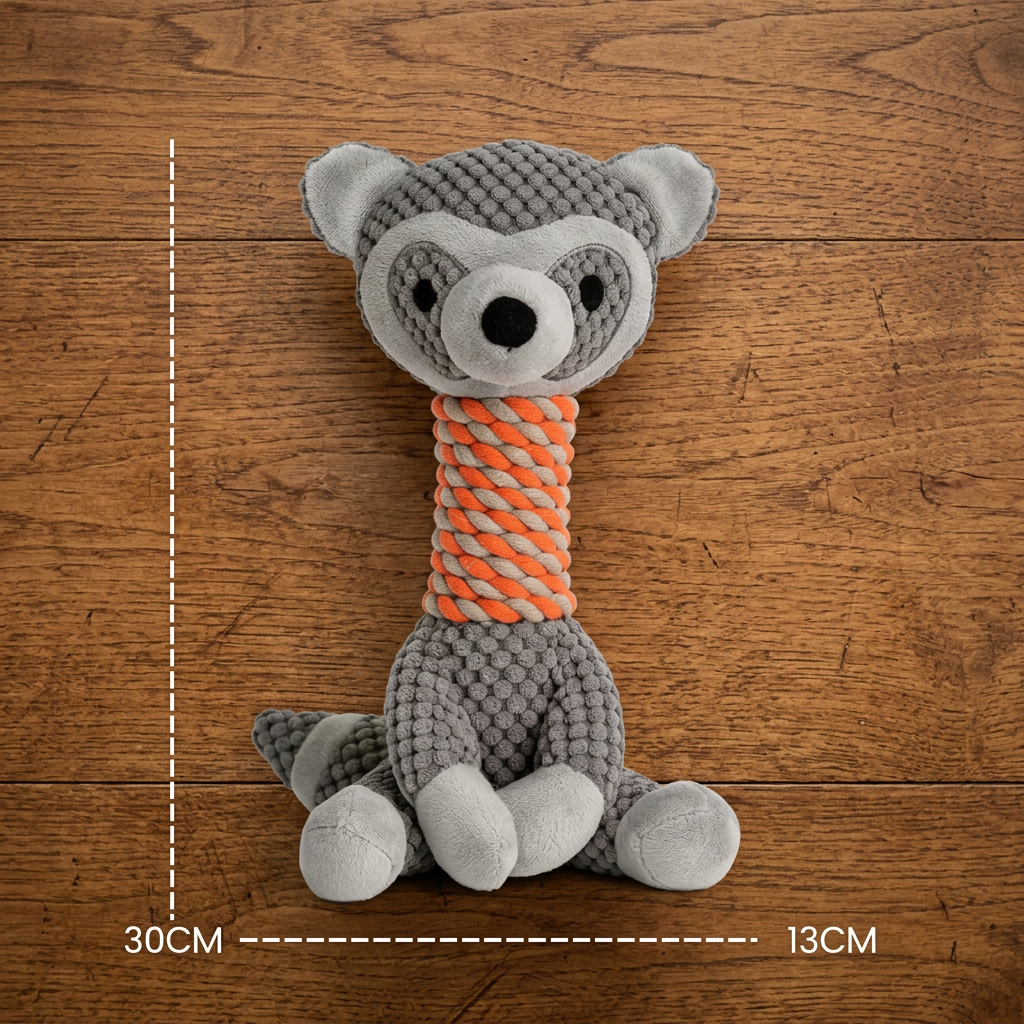 Raccoon plush dog toy with squeaker and rope