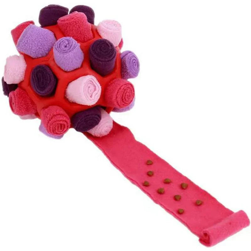 Dog sniffing out treats hidden in the WoofWonder snuffle toy