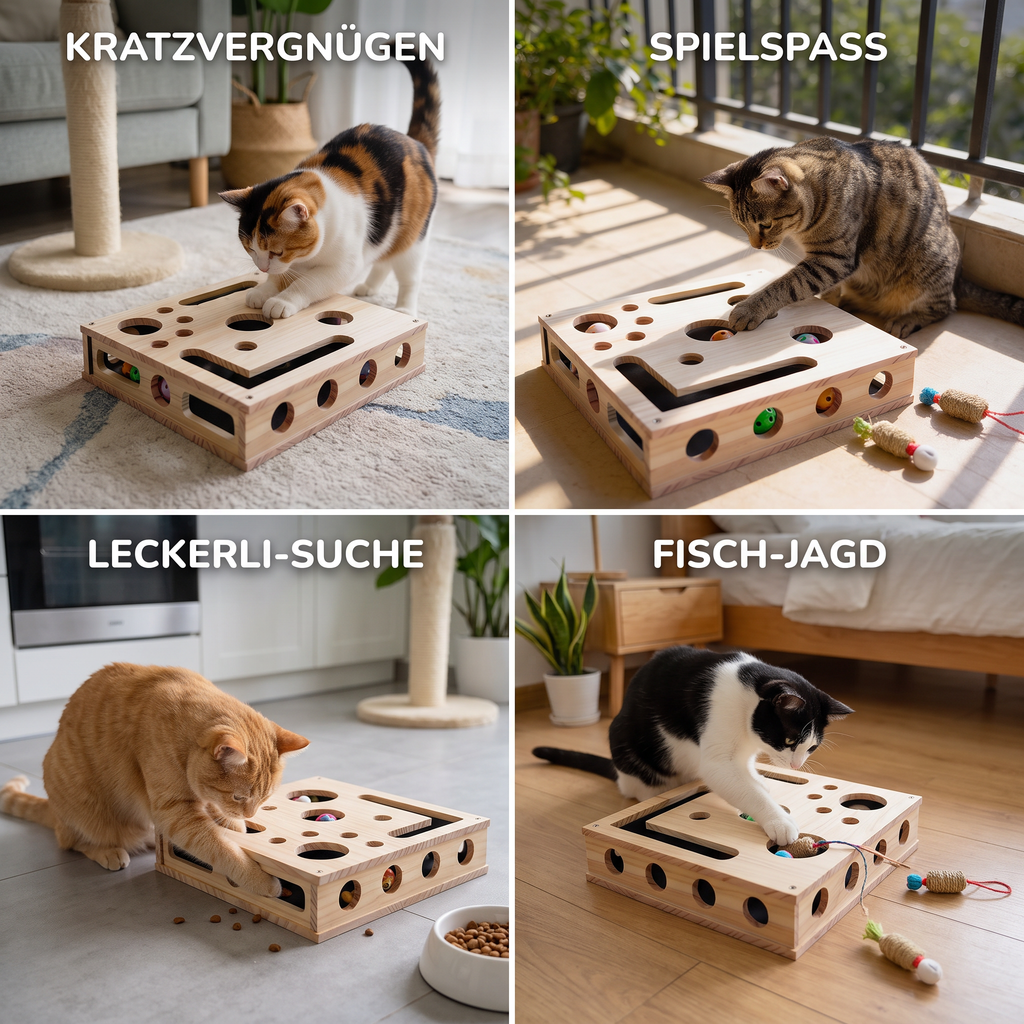 Cat searching for treats in the wooden puzzle box