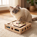 Interactive wooden puzzle box for cats with scratcher