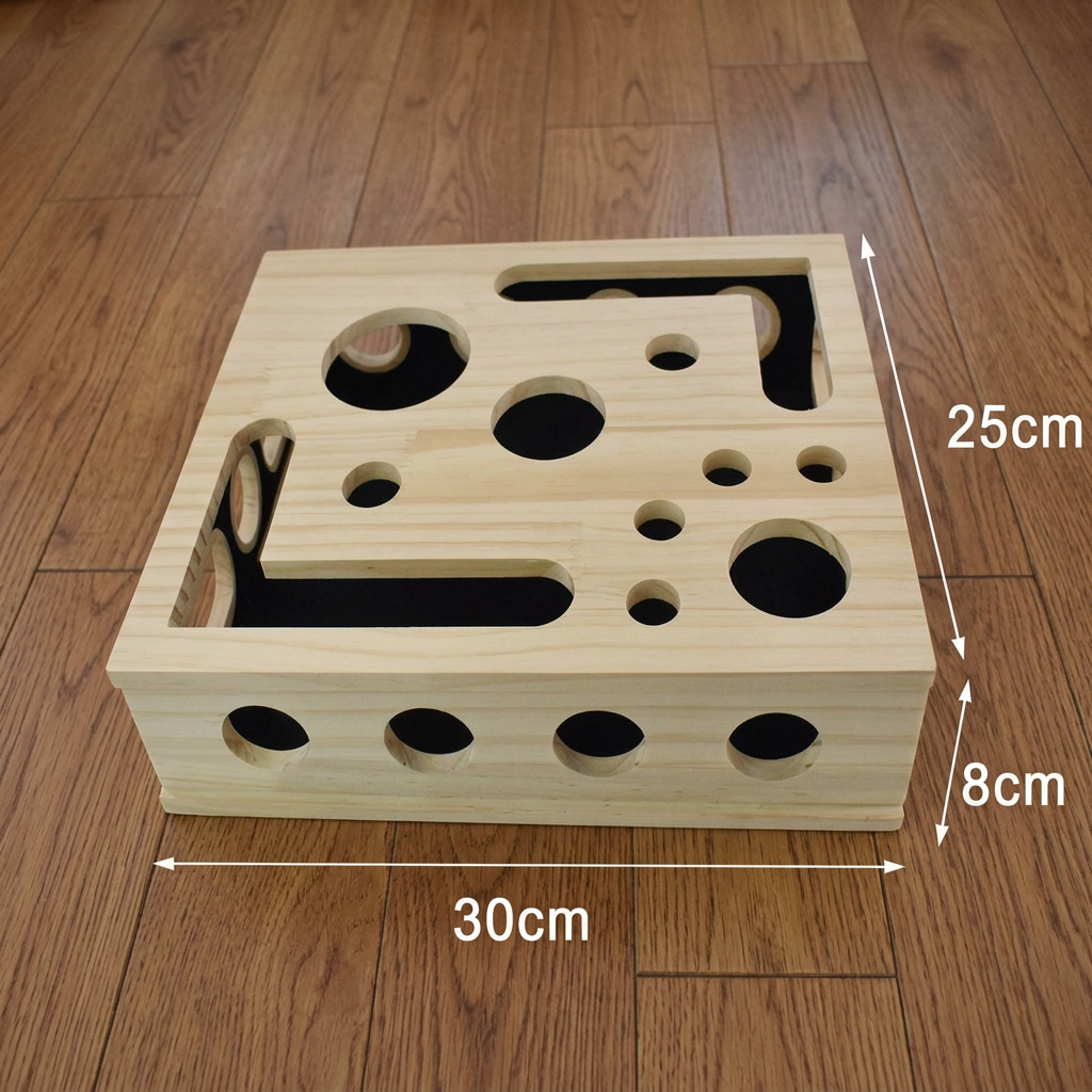Interactive wooden cat puzzle box features