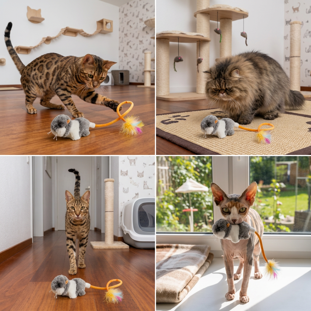 Cat playing with the wiggle-tail mouse