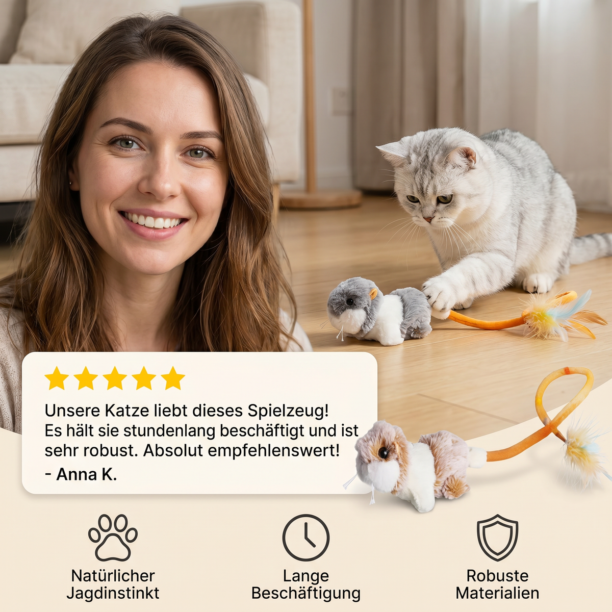 Cat pouncing on the wiggle-tail mouse toy