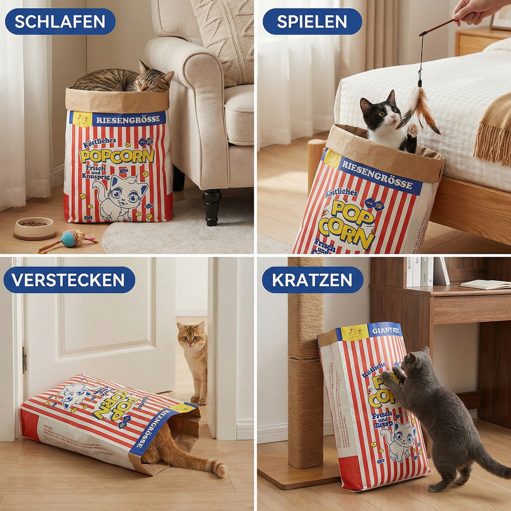 Cat sleep and play cardboard popcorn bag