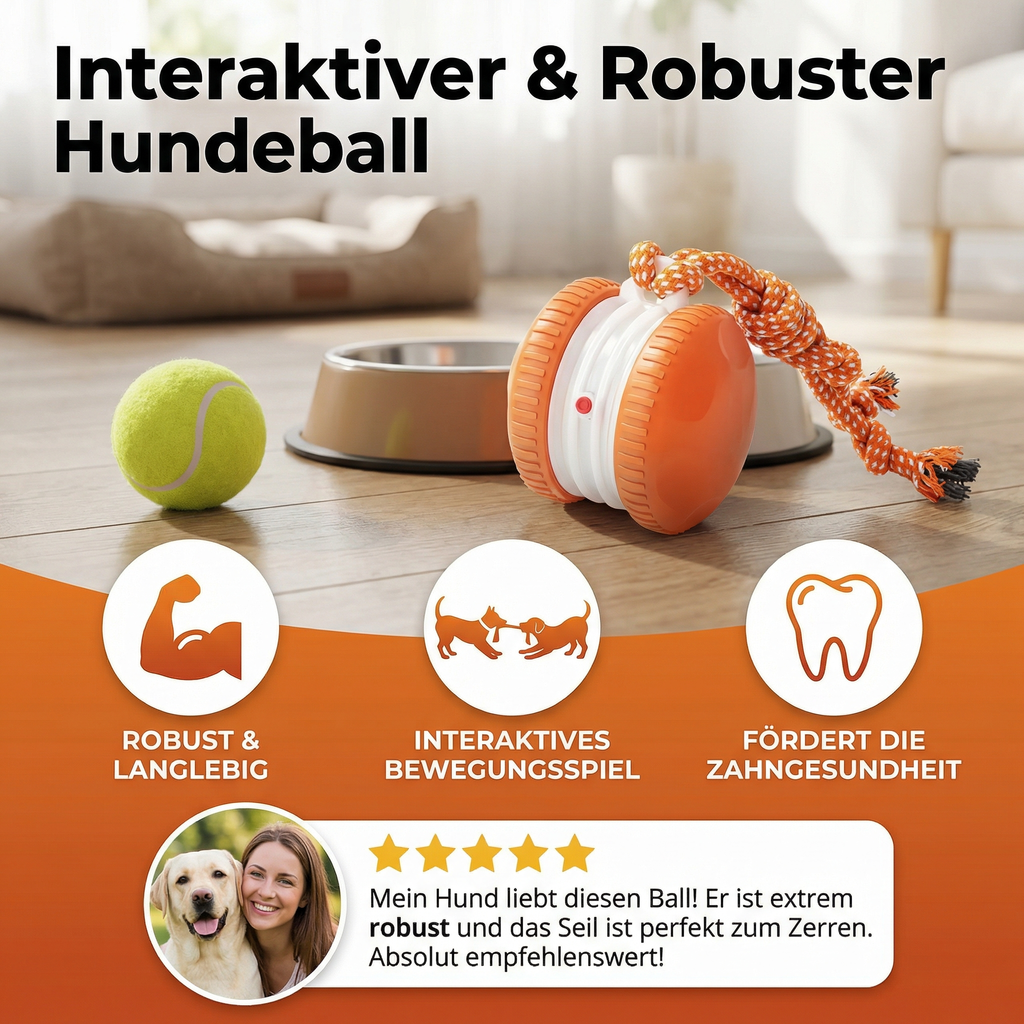 Interactive and sturdy dog ball with tug rope