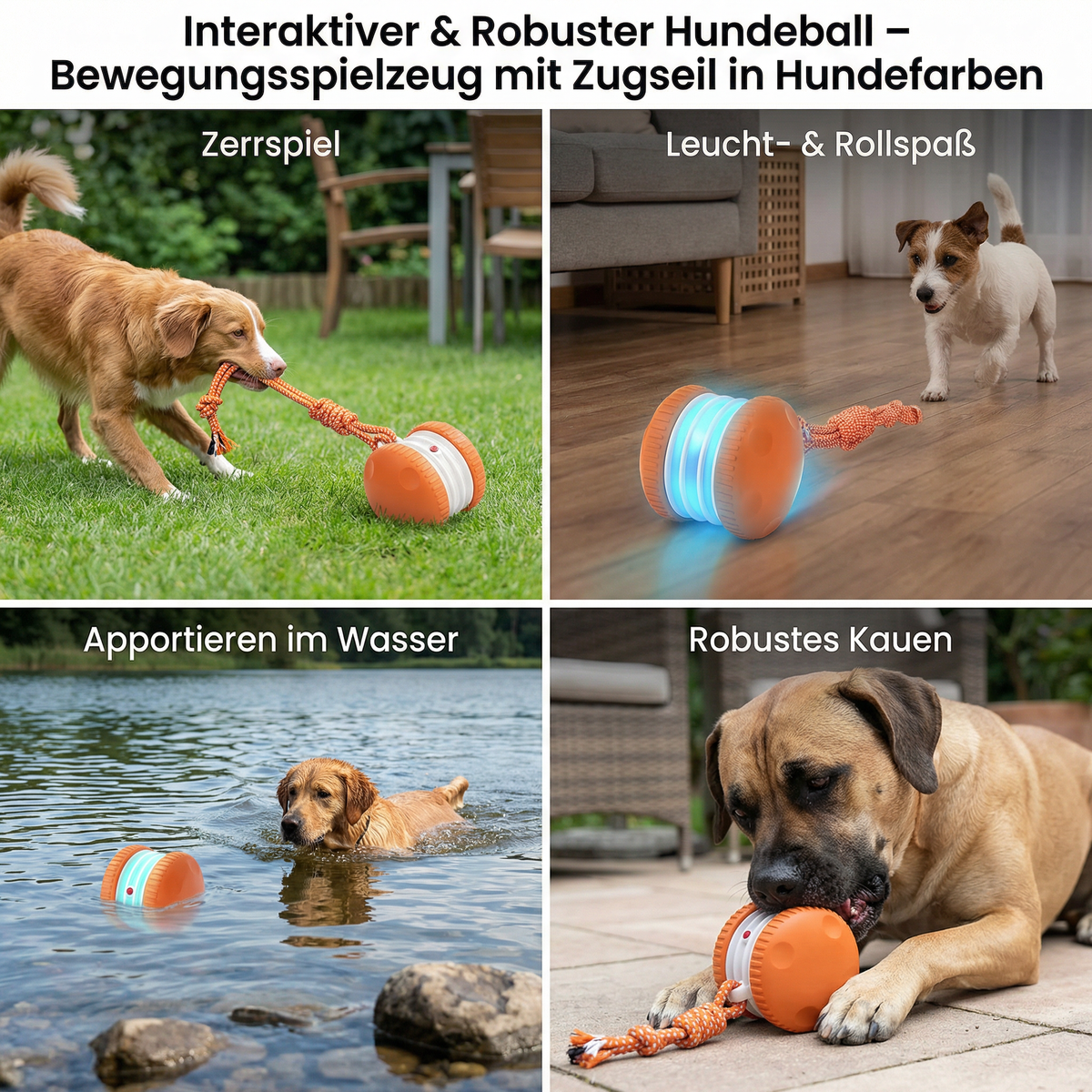 Interactive and sturdy dog ball with tug rope