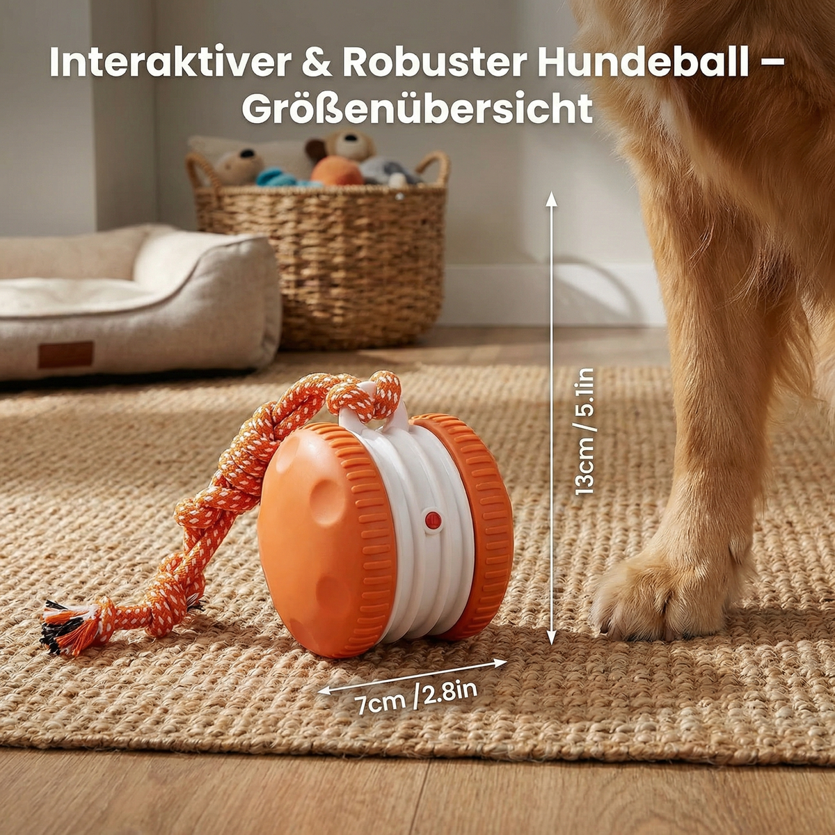 Interactive and sturdy dog ball with tug rope