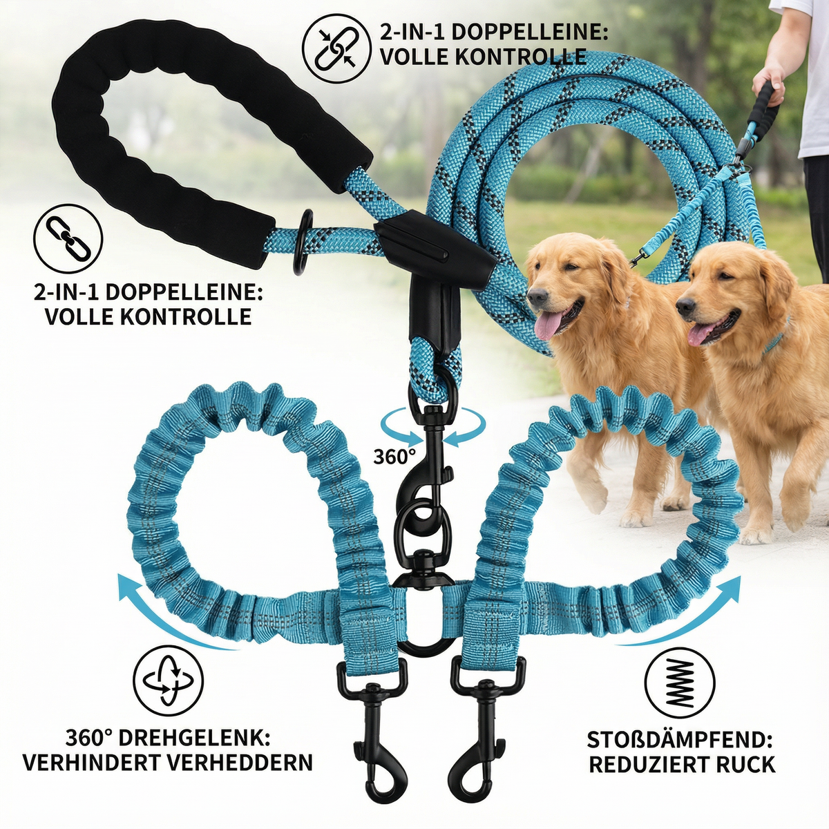 2-in-1 double dog lead with 360 degree swivel