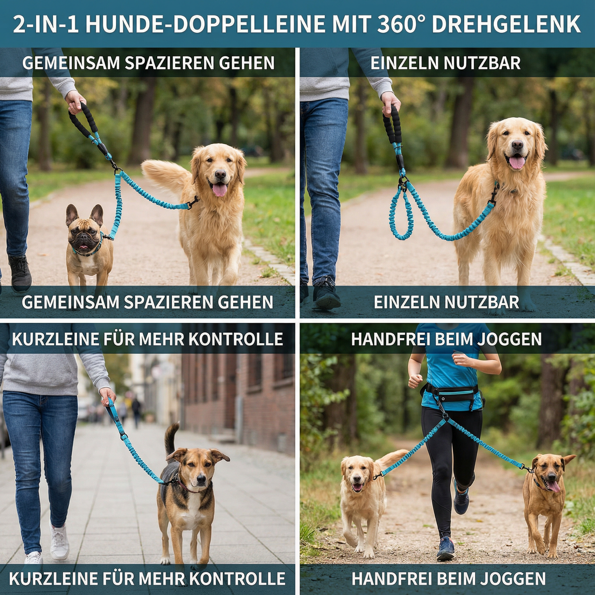 2-in-1 double dog lead with 360 degree swivel